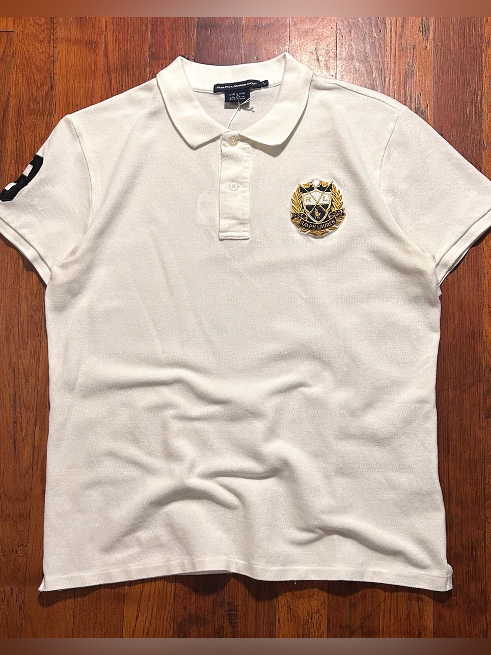 Vintage Ralph Lauren Golf Embroidered Crest Logo Short Sleeve White Polo Shirt L